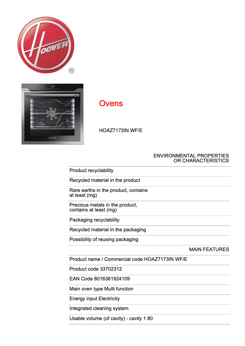 Page 1 de la notice Fiche technique Hoover HOAZ7173IN WF/E
