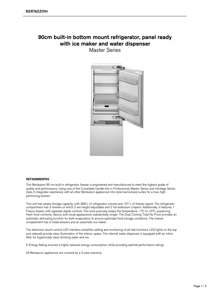 Page 1 de la notice Fiche technique Bertazzoni REF30BMBZPNV