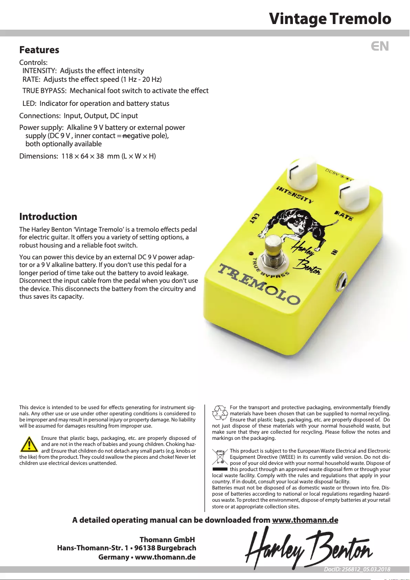 Page n°1 - Fiche technique Harley Benton Vintage Tremolo