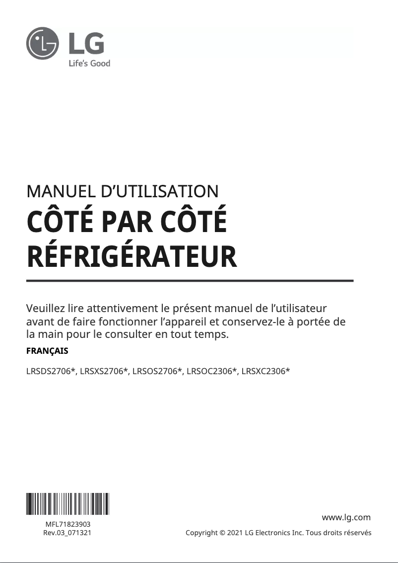 Page 1 de la notice Manuel utilisateur LG LRSXS2706V