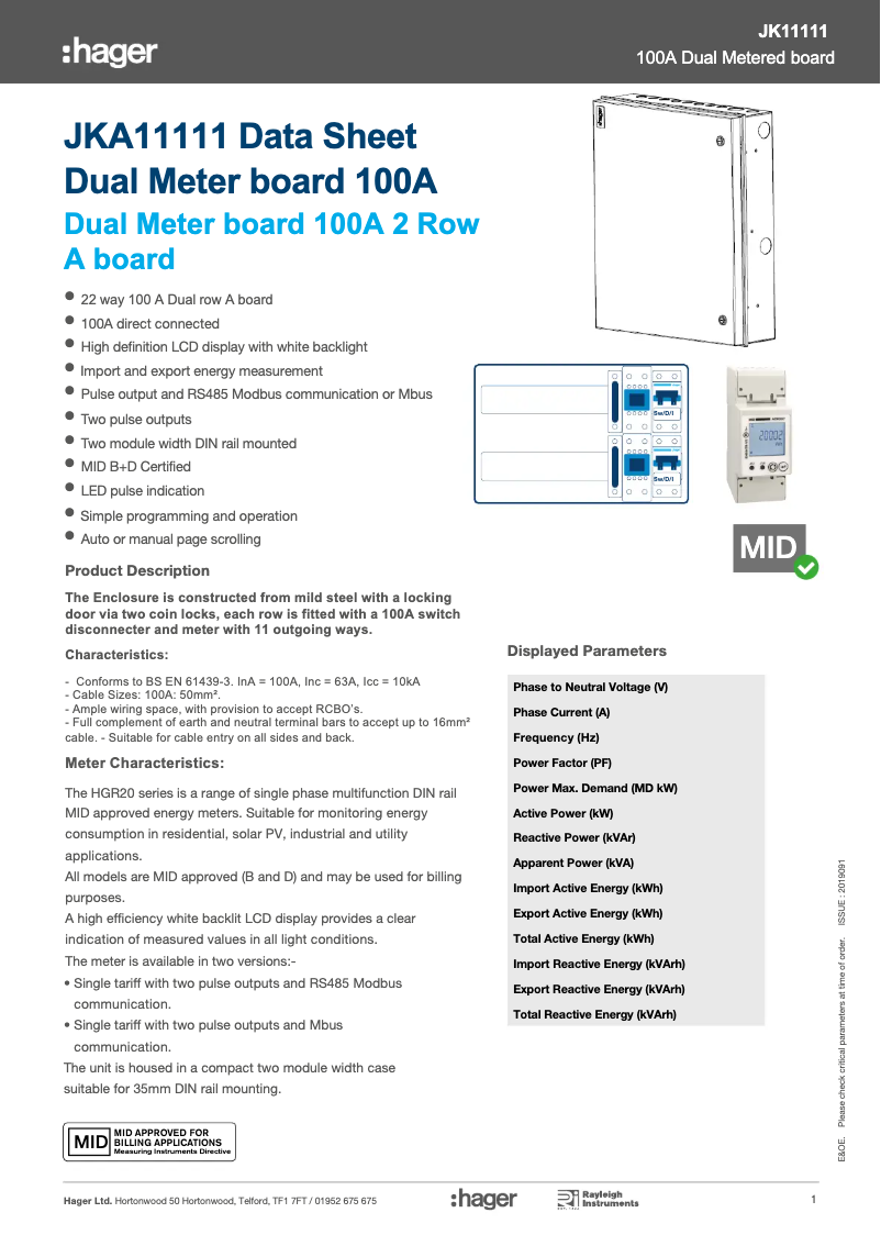 Page 1 de la notice Fiche technique Hager JKD11111