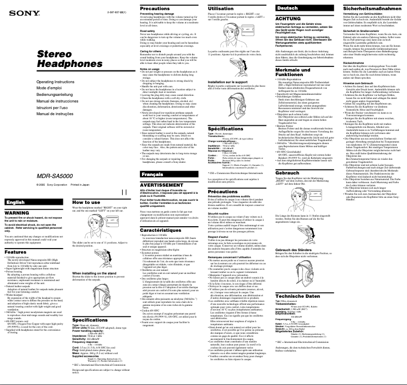 Page n°1 - Manuel utilisateur Sony MDR-SA5000