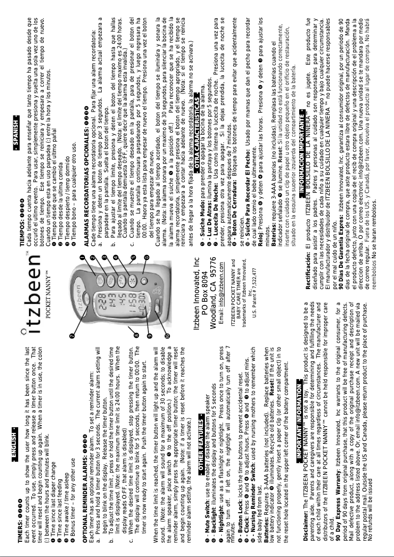 Page 1 de la notice Manuel utilisateur Itzbeen Pocket Nanny