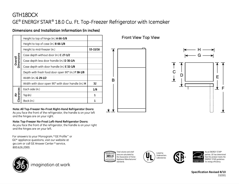 Page 1 de la notice Fiche technique GE GTH18DCXRBB