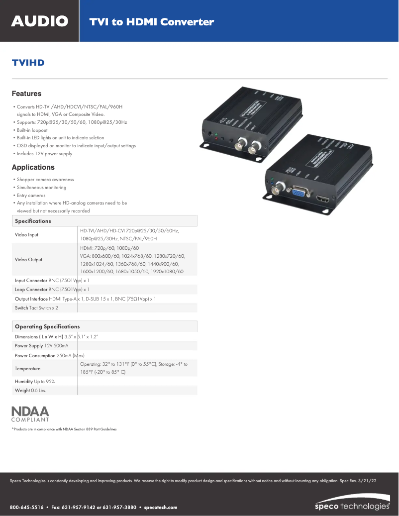 Page 1 de la notice Fiche technique Speco Technologies TVIHD