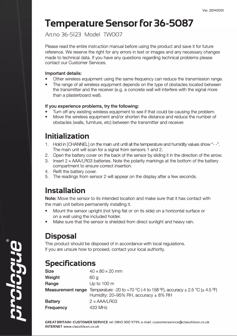 Page 1 de la notice Manuel utilisateur Prologue TW007