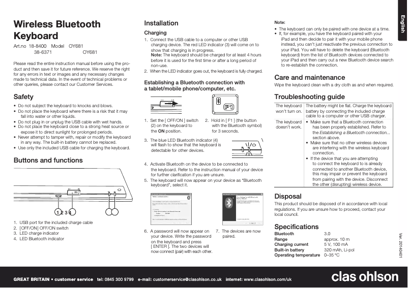 Page 1 of the manual User Manual Clas Ohlson OY681