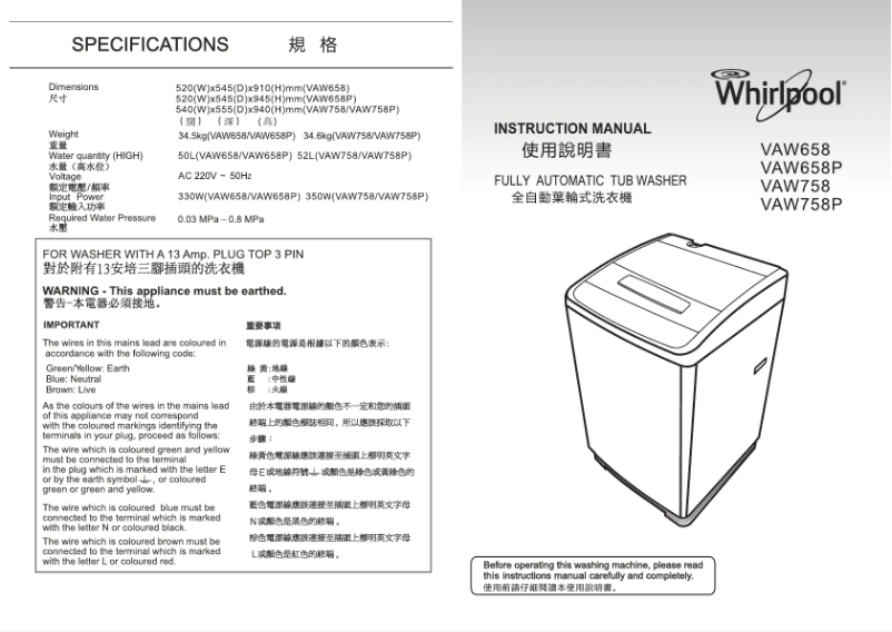 Page n°1 - Manuel utilisateur Whirlpool VAW658