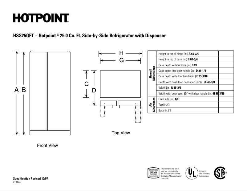 Page 1 de la notice Fiche technique Hotpoint HSS25GFTCC