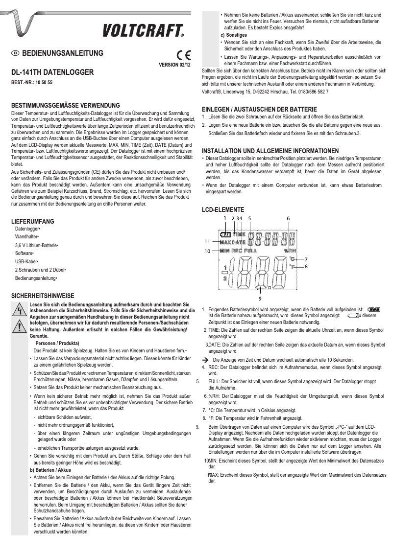 Page n°1 - Manuel utilisateur Voltcraft DL-141TH