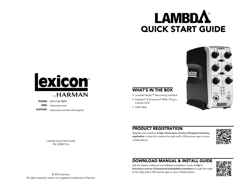 Page 1 de la notice Guide de démarrage rapide Lexicon LAMBDA