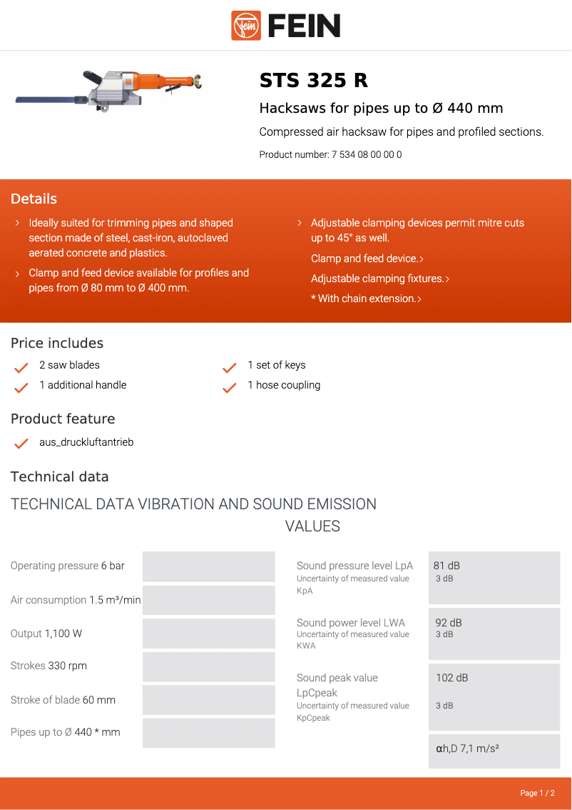 Page 1 de la notice Fiche technique Fein STS 325 R