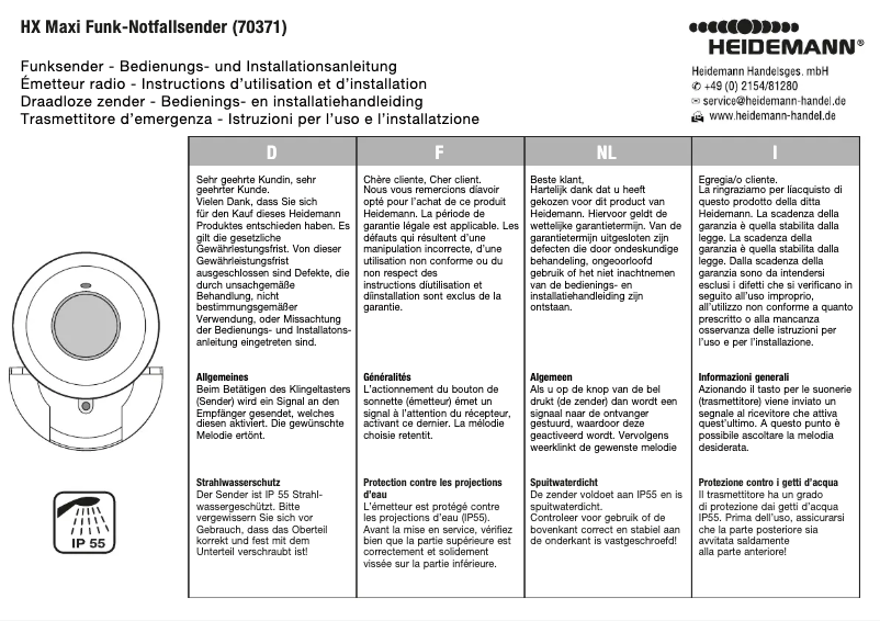 Page 1 de la notice Manuel utilisateur Heidemann HX Maxi Funk-Notfallsender 70371