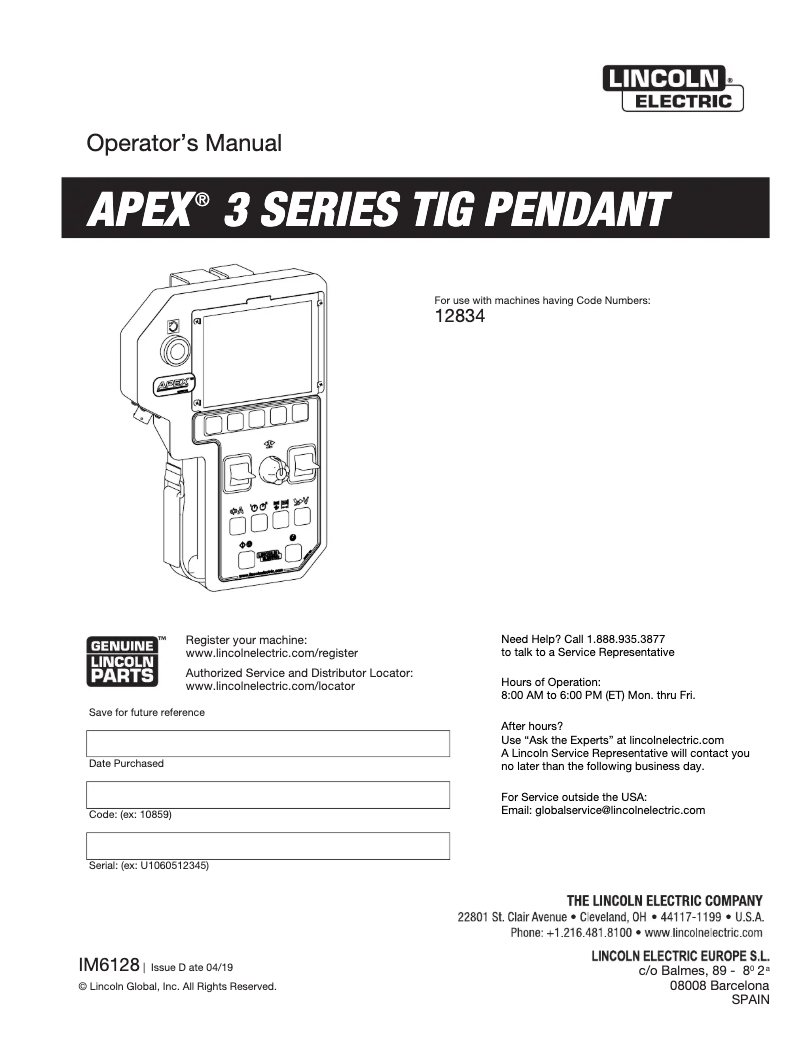 Image de la première page du manuel de l'appareil APEX 3 Series TIG Pendant