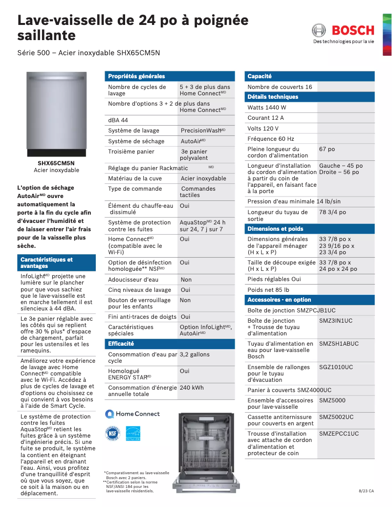 Page 1 de la notice Fiche technique Bosch SHX65CM5N