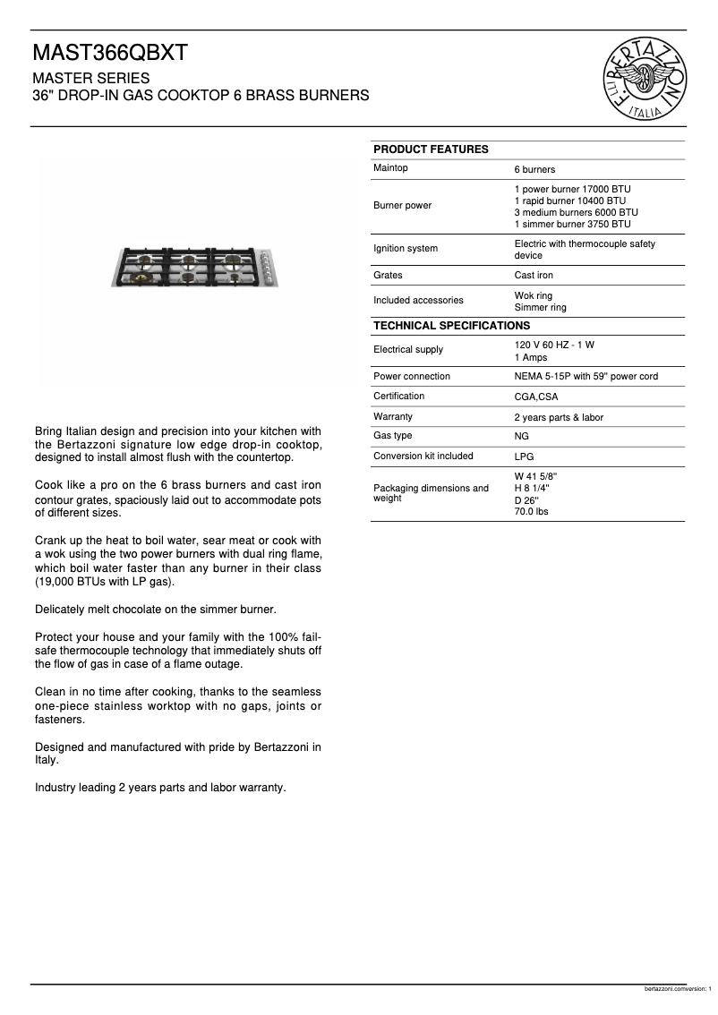 Page 1 de la notice Fiche technique Bertazzoni MAST366QBXT