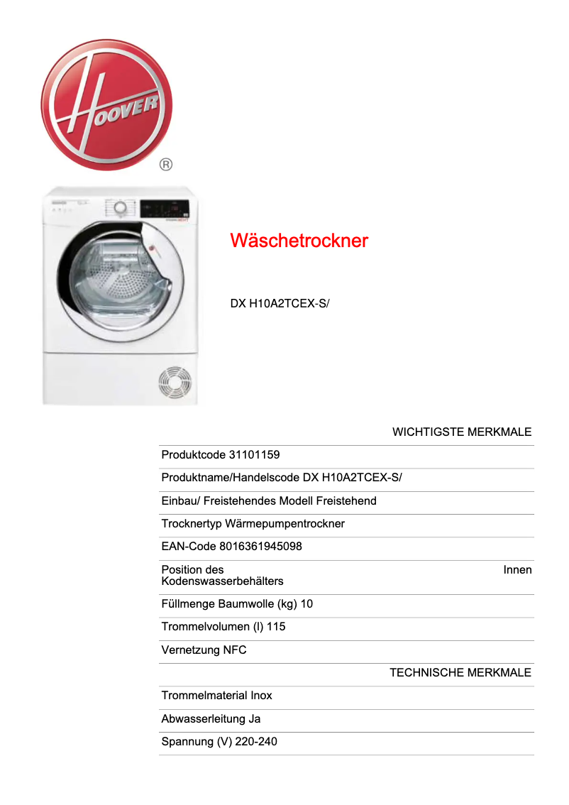 Page n°1 - Fiche technique Hoover DX H10A2TCEX-S