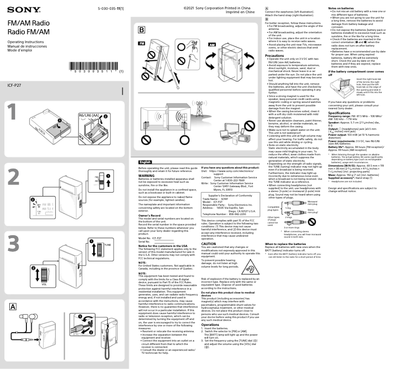 Page n°1 - Guide de démarrage rapide Sony ICF-P27
