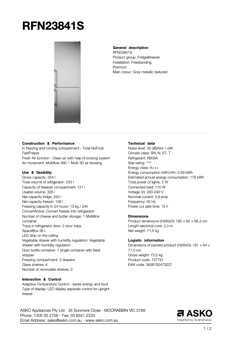 Page 1 de la notice Fiche technique Asko RFN23841S