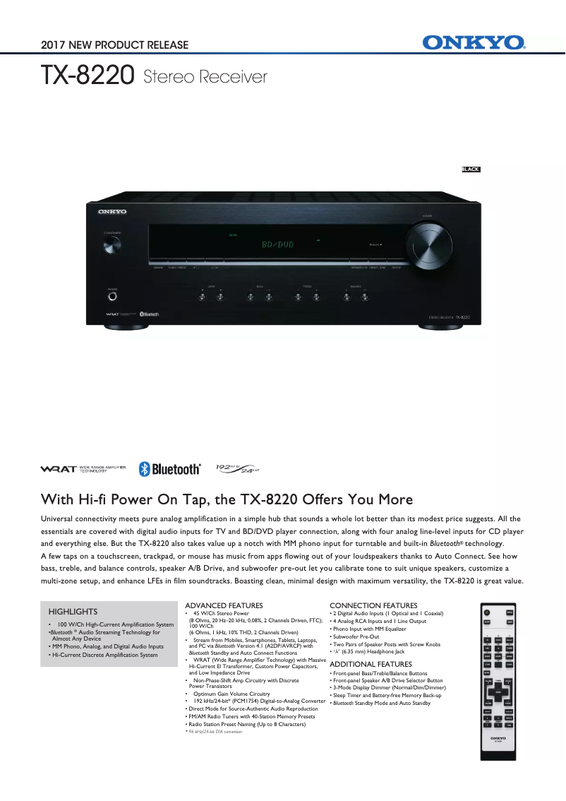 Page 1 de la notice Fiche technique Onkyo TX-8220