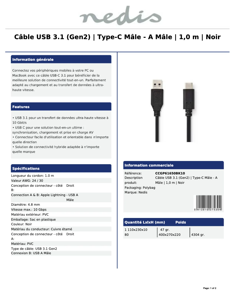 Page 1 de la notice Manuel utilisateur Nedis CCGP61650BK10