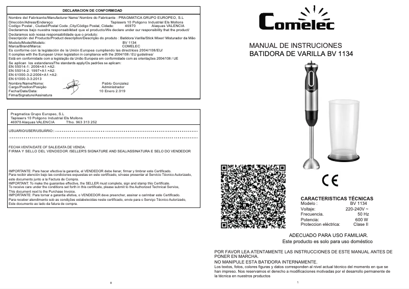 Page 1 de la notice Manuel utilisateur Comelec BV 1134