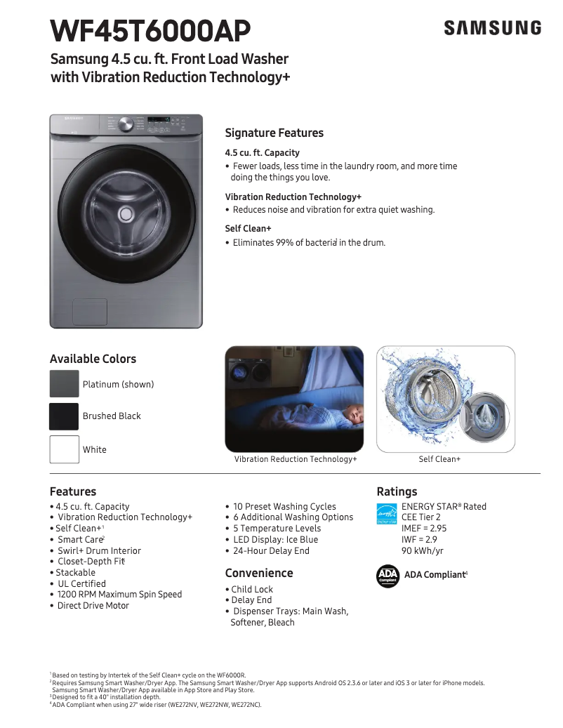 Page 1 de la notice Fiche technique Samsung WF45T6000AP