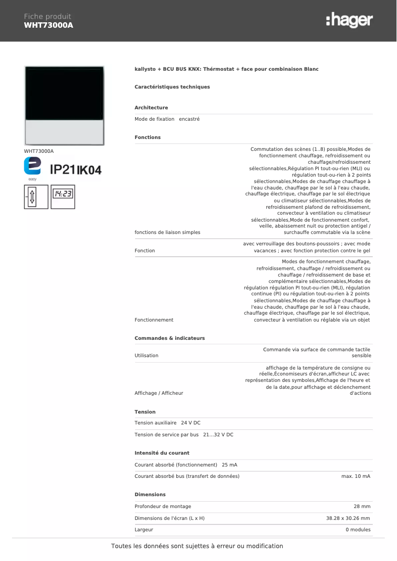 Page n°1 - Fiche technique Hager WHT73000A