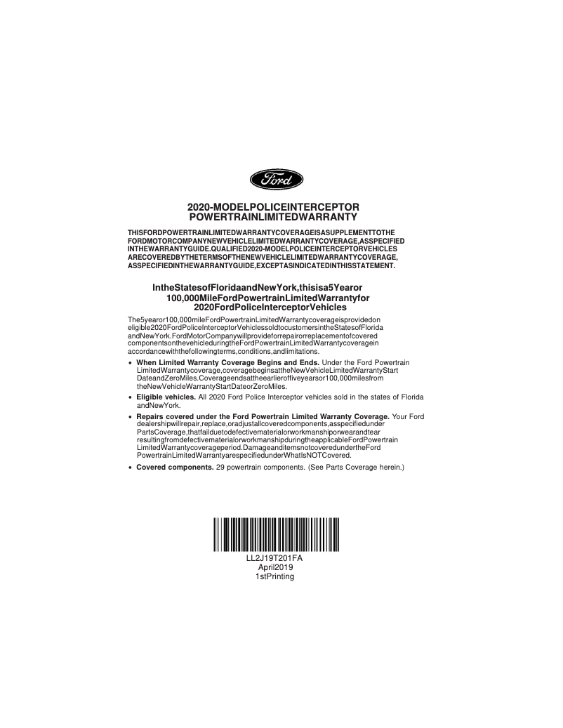 Page 1 de la notice Informations de garantie Ford Police Interceptor Utility (2020)