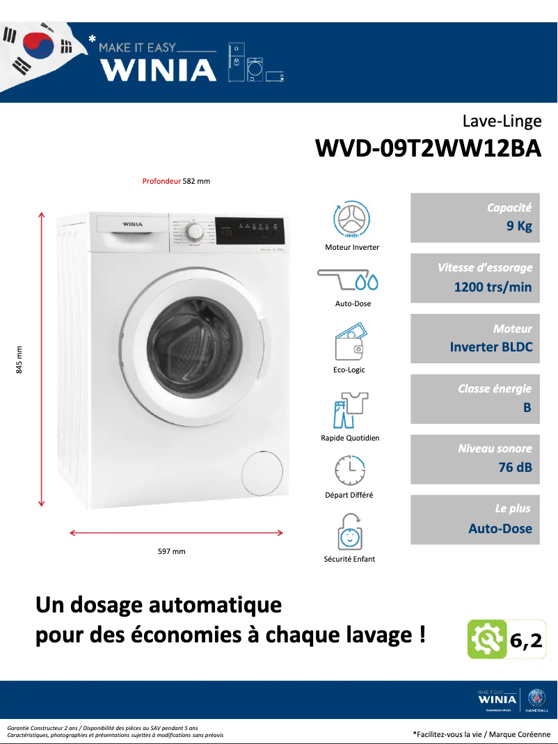 Page n°1 - Fiche technique Winia WVD-09T2WW12BA