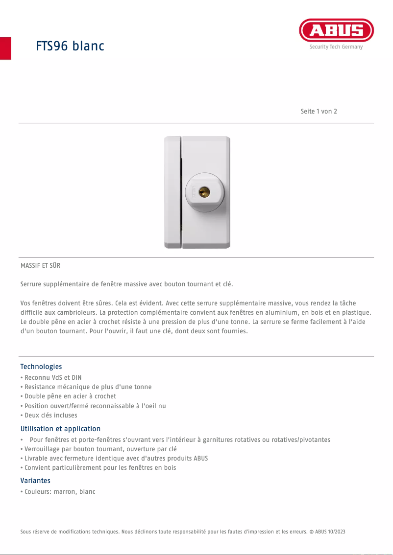 Página 1 del manual Ficha técnica Abus FTS96