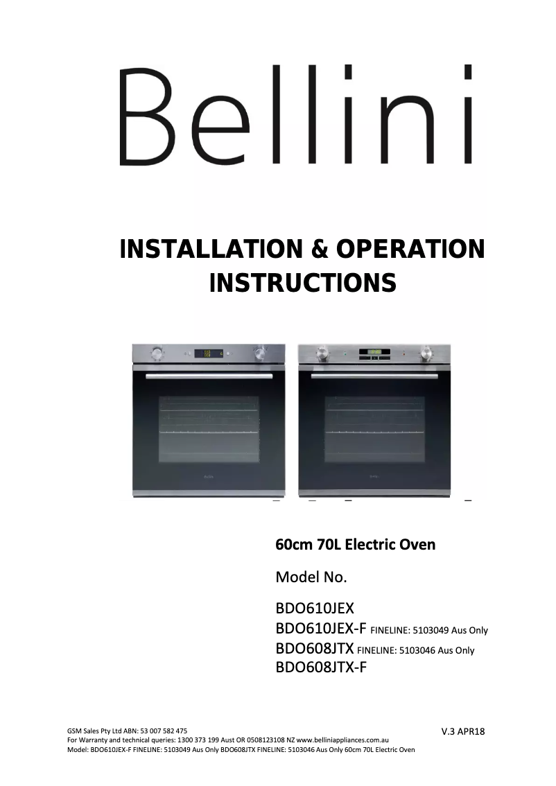 Page n°1 - Manuel utilisateur Bellini BDO608JTX