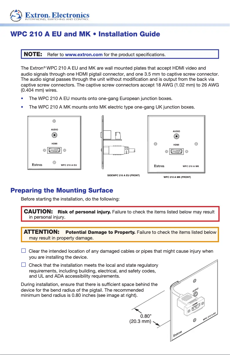 Page 1 de la notice Manuel utilisateur Extron WPC 210 A MK
