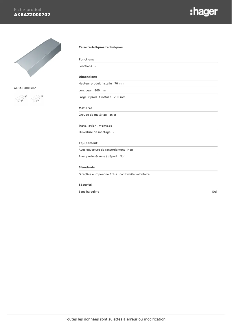 Page 1 de la notice Manuel utilisateur Hager AKBAZ2000702