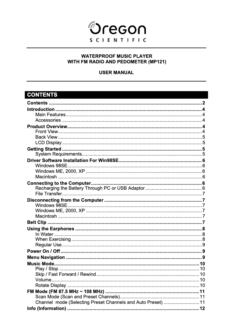 Page 1 de la notice Manuel utilisateur Oregon Scientific MP121