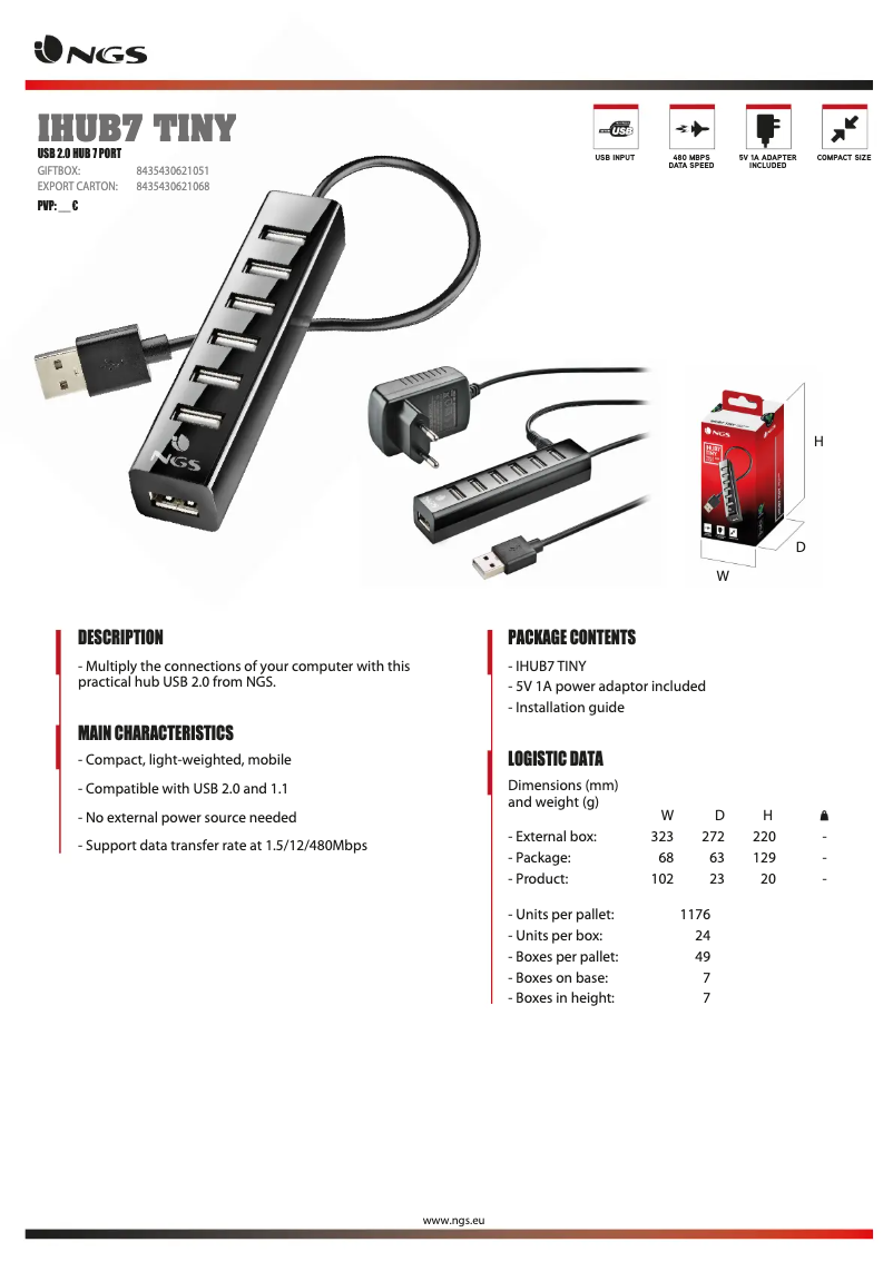 Page 1 de la notice Fiche technique NGS IHUB7 TINY