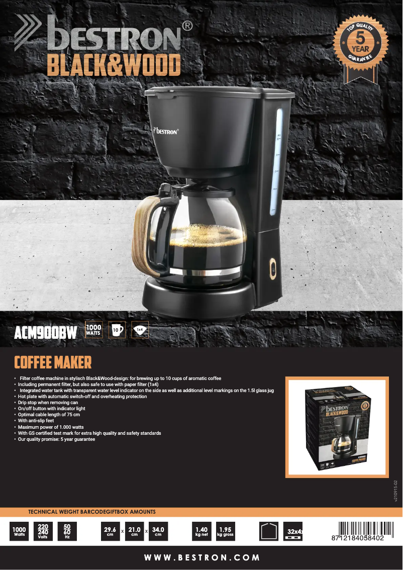 Page 1 de la notice Fiche technique Bestron ACM900BW