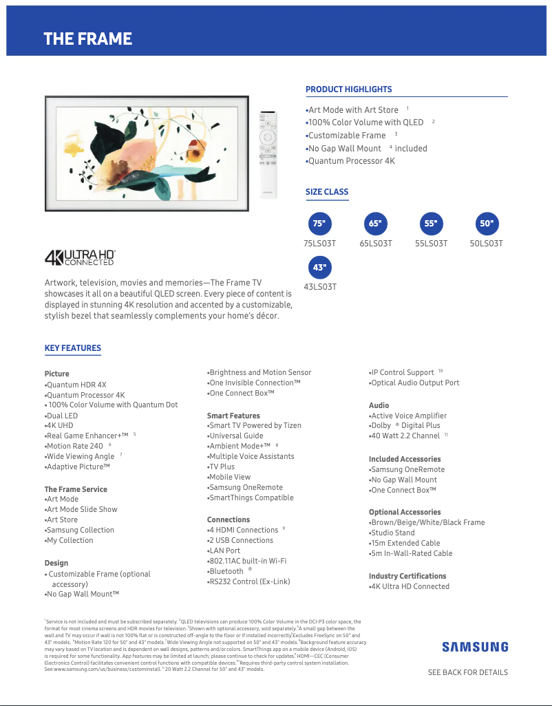 Page n°1 - Fiche technique Samsung QN43LS03TAFXZA