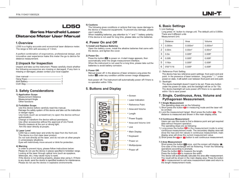 Page 1 de la notice Manuel utilisateur Uni-T LD50