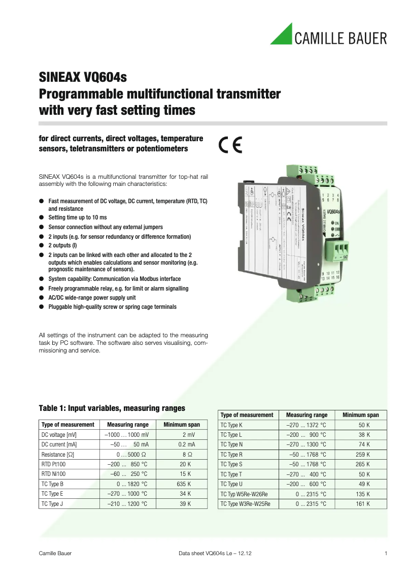 Page 1 de la notice Fiche technique Gossen Metrawatt SINEAX VQ604s