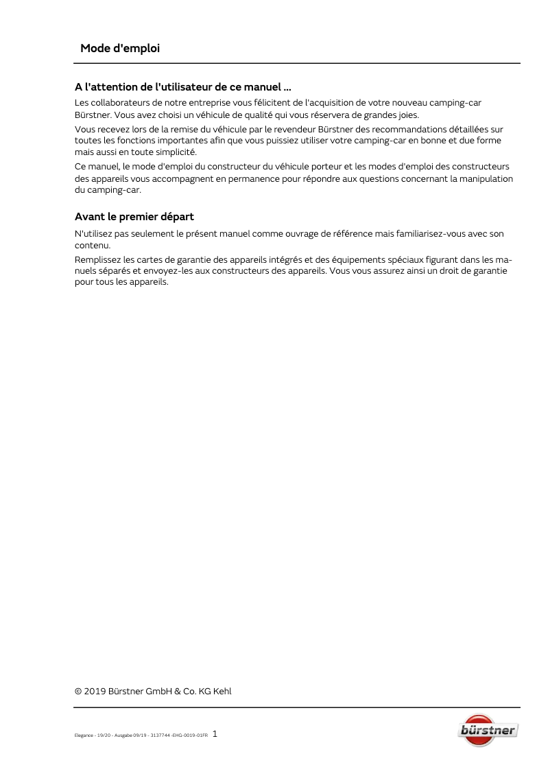 Page n°1 - Manuel utilisateur Bürstner Elegance (2020)
