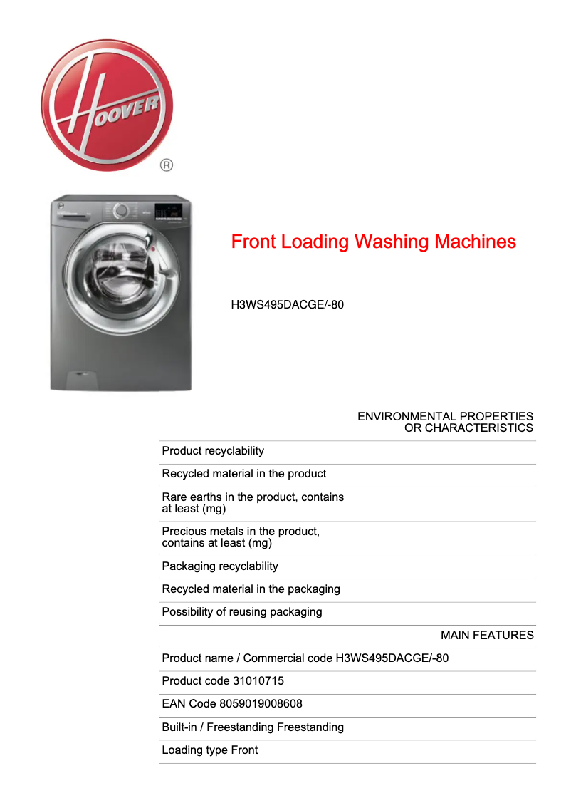 Página 1 del manual Ficha técnica Hoover H-WASH 300 LITE H3WS495DACGE/-80