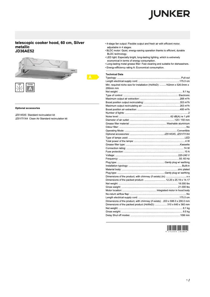 Page 1 de la notice Fiche technique Junker JD36AE52
