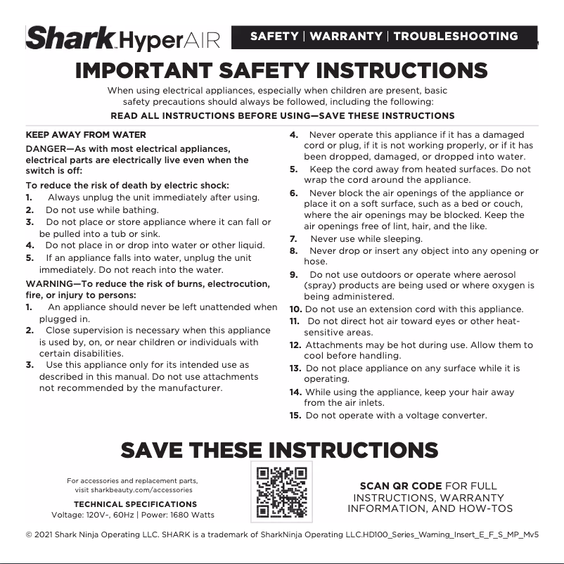 Page 1 de la notice Manuel utilisateur Shark HyperAIR HD113