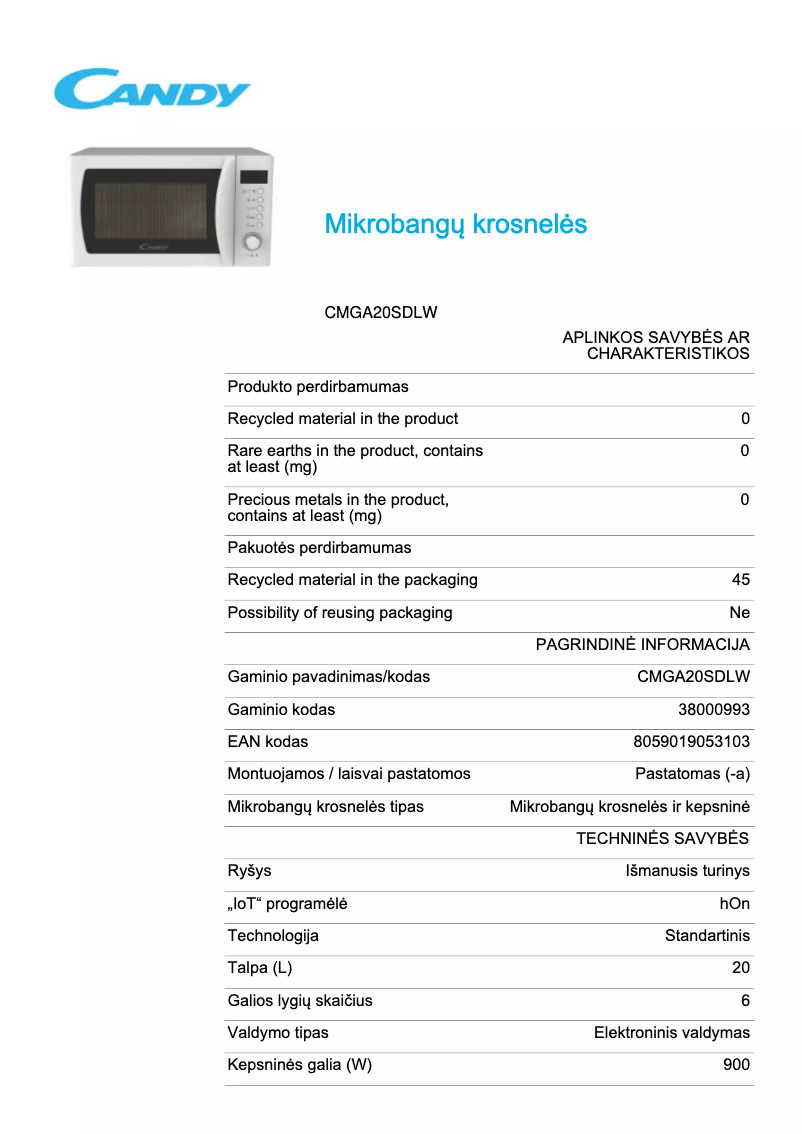 Image de la première page du manuel de l'appareil CMGA20SDLW