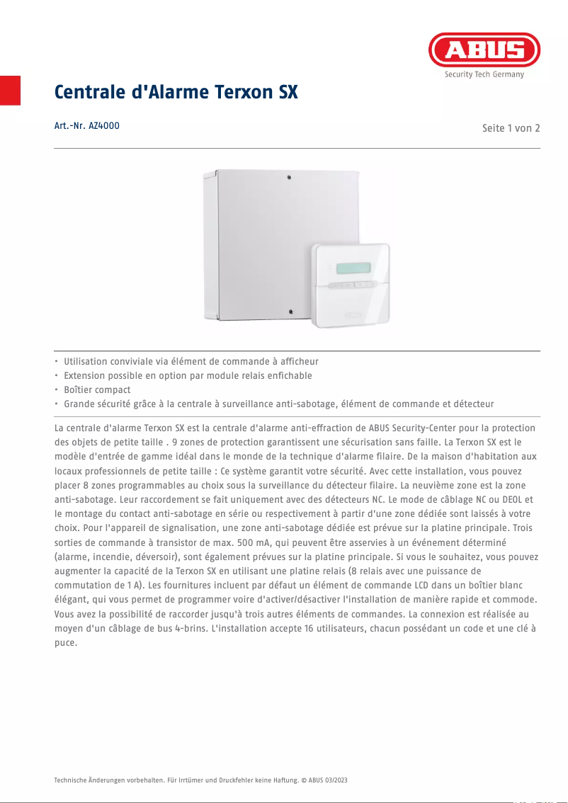 Page 1 de la notice Fiche technique Abus AZ4000