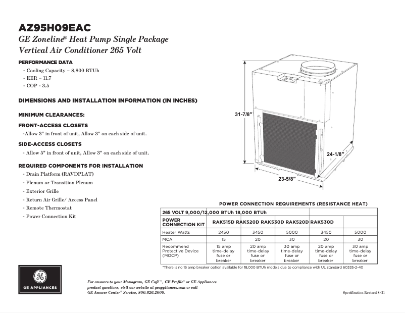 Page n°1 - Fiche technique GE AZ95H09EAC
