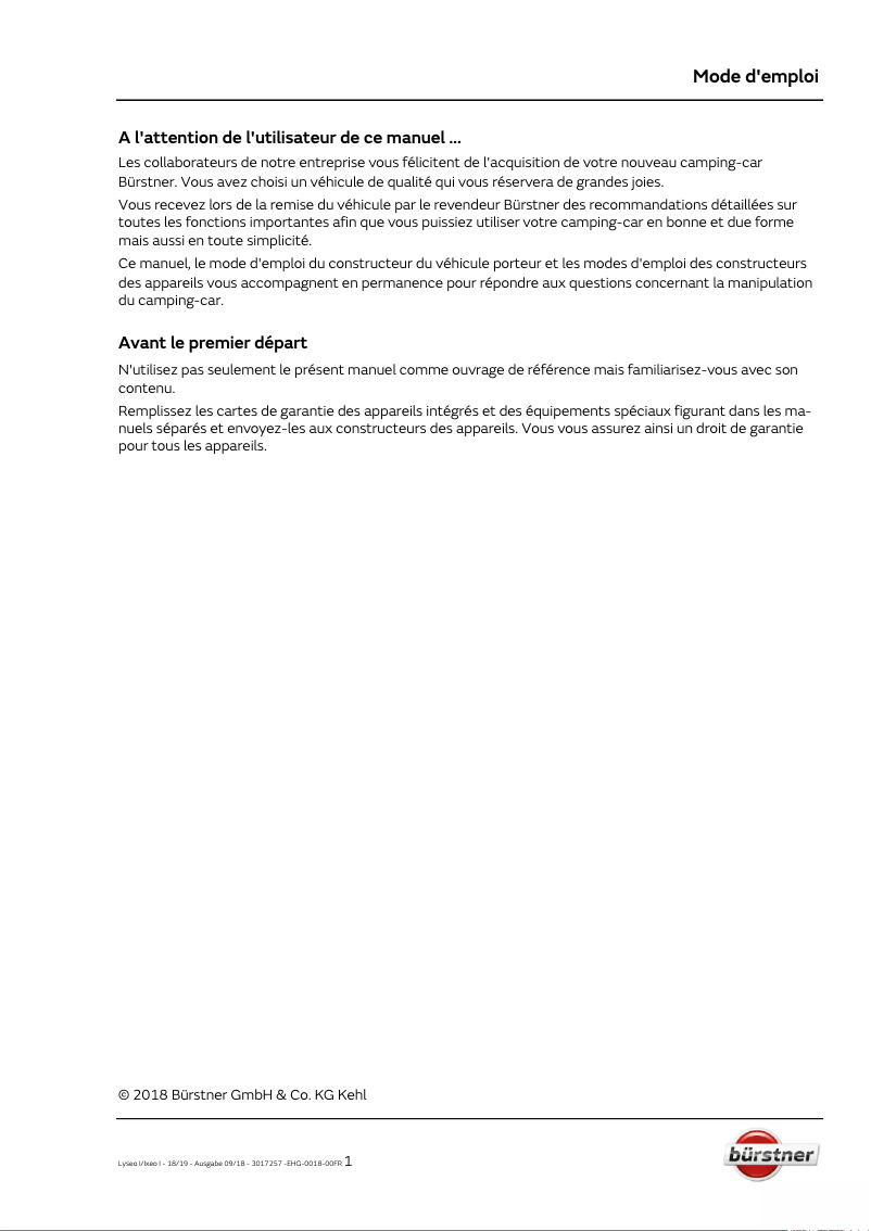 Page 1 de la notice Manuel utilisateur Bürstner Nexxo Time (2018)