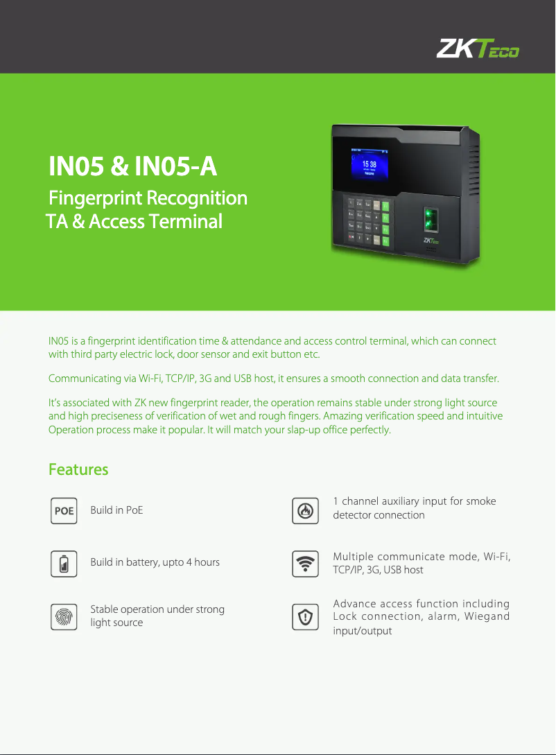 Page 1 de la notice Fiche technique ZKTeco IN05-A