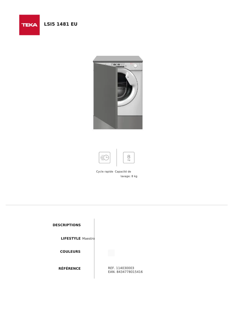 Page 1 de la notice Fiche technique Teka LSI5 1481